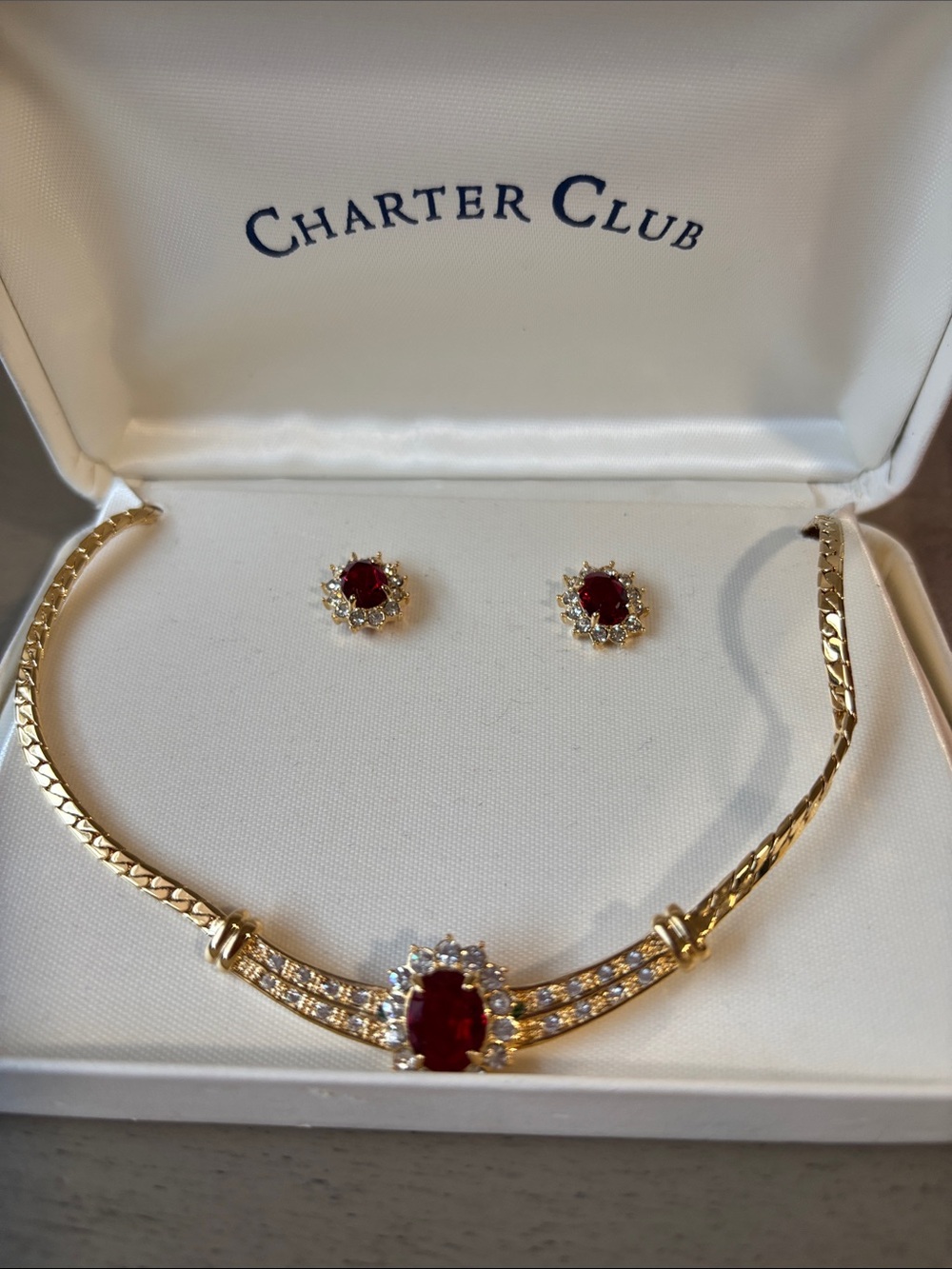 Charter Club Gold-Tone Necklace and Red Stone Stud Earrings Set